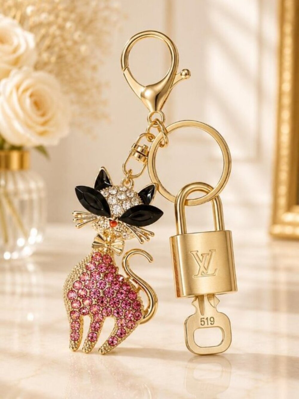 LV Authentic Gold Lock & Key 🔑 Luxury Bag Charm w/ Unbranded Keychain